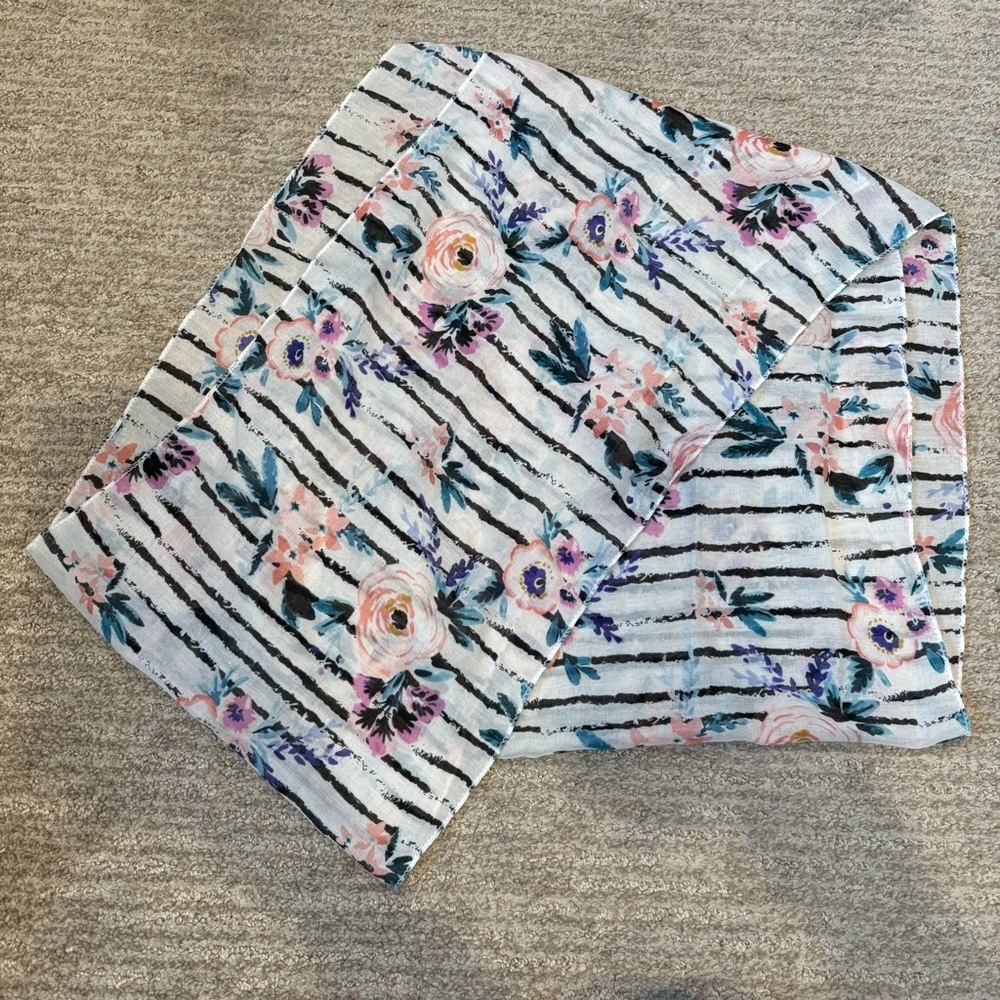 Unbranded Pink Floral and Striped Lightweight Infinity Scarf - 66” X 10”